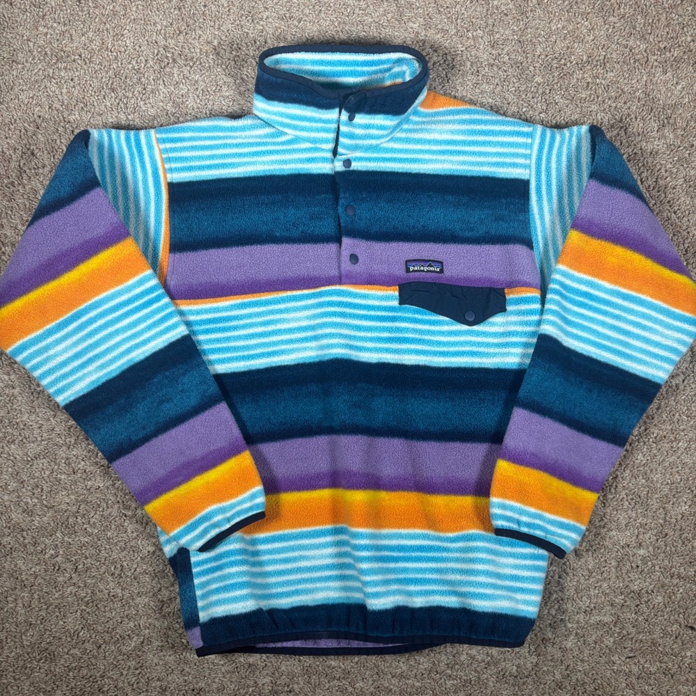 Patagonia Synchilla Snap-T Mens Medium Striped Fleece Pullover Blue Purple
